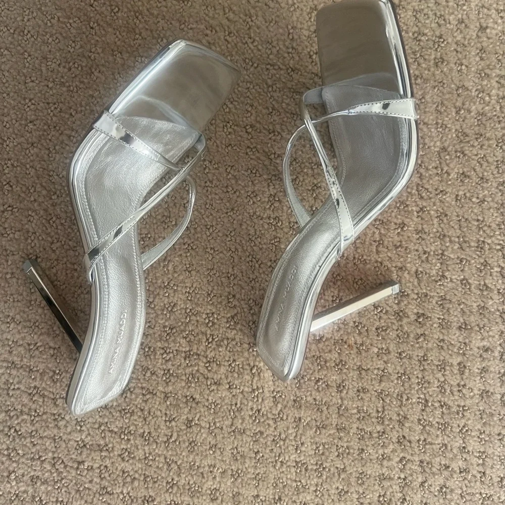 ✨ NEW! Authentic! Amina Muaddi Silver Strappy Heels – Size 38.5 ✨ Mules
